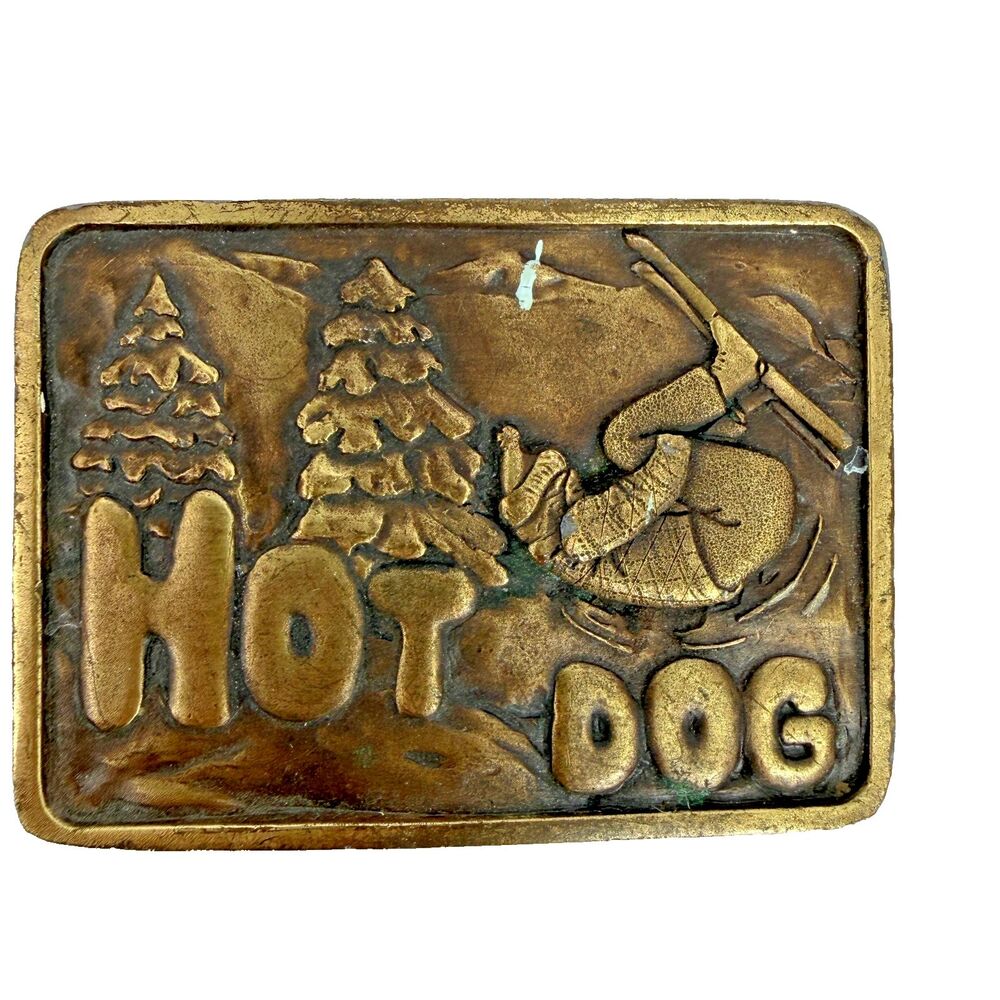 Vintage 1976 Bergamot Brass Works Belt Buckle Hot Dog Skiing Skier K-85 USA